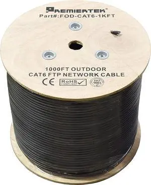 Premiertek Outdoor 1000' Cat6 23AWG CMX Cca 550MHz Shield FTP 4-Pairs Premium Network LAN Cable, Black