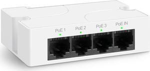 4 Port PoE Extender with 3 PoE Out, IEEE 802.3af/at Mini 4 Channel PoE Repeater 100Mbps, Wall and Din Rail Mount Passthrough POE Switch/Booster, Plug and Play