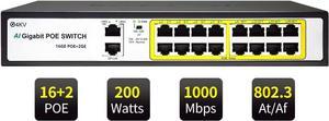 18 Port Gigabit Network Unmanaged PoE+ Switch, 16 POE@240W, 2 Gigabit Uplink Ports, VLAN Mode, AI Detection, 802.3af/at, Idea for IP Surveillance and Access Point