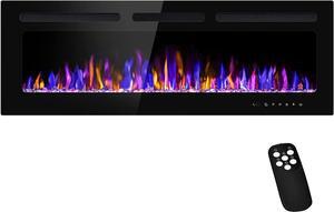 50" Electric Fireplace Wall Mounted and Recessed with Remote Control, 750/1500W Ultra-Thin Wall Fireplace Heater W/ Timer Adjustable Flame Color and Brightness, Log Set & Crystal Options