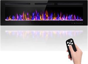 60" Electric Fireplace Wall Mounted and Recessed with Remote Control, 750/1500W Ultra-Thin Wall Fireplace Heater W/ Timer Adjustable Flame Color and Brightness, Log Set & Crystal Options