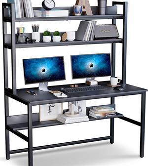 Computer Desk with Hutch and Bookshelf, 47 Inches Black Home Office Desk with Space Saving Design, Metal Legs Table Desk with Upper Storage Shelves for Study Writing/Workstation, Easy Assemble