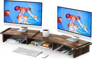 Dual Monitor Stand Riser, Monitor Stand with Adjustable Length and Angle, Wood Monitor stand for desk, Monitor Riser for 2 monitors with Storage Space (Rust Brown Large)