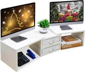 Dual Monitor Stand Riser with 2 Drawers - White Length and Angle Adjustable Monitor Stand with Storage Large Computer Monitor Stand for 2 Monitors/Laptop/PC, Wood Screen/TV Stand Desk Organizer