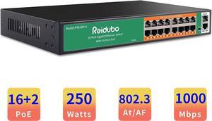 18-Port Ethernet Gigabit PoE Switch,16-Port PoE Network Switch with 2 Uplink Gigabit Ports,250W,Unmanaged,19-inch Rackmount Fanless Quiet Operation Compatible with AP WiFi6,PoE Cameras