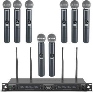 Wireless Microphone System, Eight-Channel Wireless Mic, w/ 8 Handheld Dynamic Microphones, Auto Scan,8x40 Adjustable UHF Channels, 328ft, Microphone for Singing,Church, Karaoke