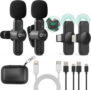 Microphones for iPhone/ipad/Android, (2 Mics with 2 Receivers) 2.4Hz QTREE Plug-Play Reverberation,Auto-Sync Lapel Microphone for Facebook, YouTube,TikTok,Video Recording,Vloggers