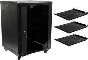 15U Wall Mount Server Data Cabinet 24 Inch Depth Glass Door Lock Casters and Shelves
