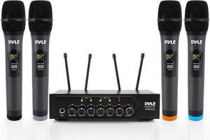 Portable UHF Wireless Microphone System - Battery Operated Four Bluetooth Cordless Microphone Set with 50 Channels Selectable Frequency, Receiver Base, AUX, for PA Karaoke DJ Party - Pyle