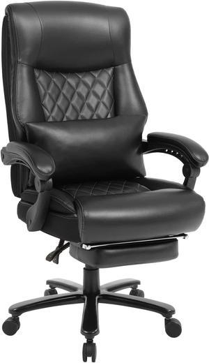 Reclining Office Chair with Footrest - 400lbs Big and Tall Office Chair with Lumbar Support, High Back Executive Office Chair for Heavy People, PU Leather Swivel Computer Desk Chair (Black)