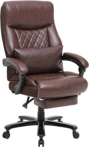 Reclining Office Chair with Footrest - 400lbs Big and Tall Office Chair with Lumbar Support, High Back Executive Office Chair for Heavy People, PU Leather Swivel Computer Desk Chair (Brown)