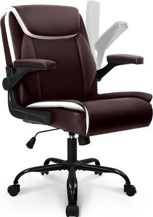 Office Chair Adjustable Desk Chair Mid Back Executive Desk Comfortable PU Leather Chair Ergonomic Gaming Chair Back Support Home Computer Desk with Flip-up Armrest Swivel Wheels (Brown)