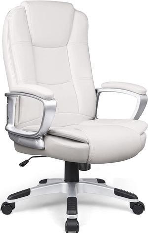Office Desk Chair, Managerial Executive Chair, Big and Tall High Back Computer Chair, Ergonomic Adjustable Height PU Leather Chairs with Cushions Armrest for Long Time Seating (White)