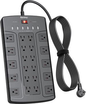 Surge Protector Power Strip with USB, SUPERDANNY Extension Cord with 22 Outlets & 6 USB, 1875W/15A, 1050J Surge Protection, 6.5Ft Flat Plug Power Cord, for Home Office Dorm Workshop, Black