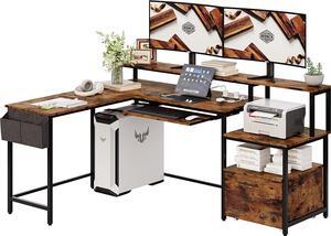 L Shaped Computer Desk, 66" Corner Desk with Power Outlet, File Drawer, Keyboard Tray, Riser Monitor Shelf and Storage Bag, Study Writing Table Workstation for Home Office, Vintage Brown