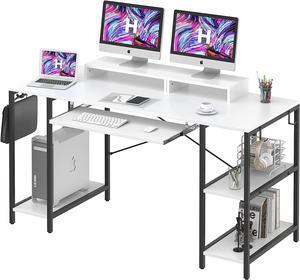 White Desk with Keyboard Tray, 55 INCH Desk with Storage Shelves Modern Computer Desks for Home Office Study Desk with Monitor Shelf Industrial PC Desk Studio Desk with Iron Hooks