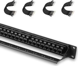 Patch Panel 24 Port Cat6 Bundle with Patch Cables Cat6 1ft 24 Pack Black