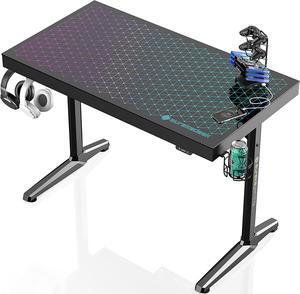 RGB LED Gaming Desk, Music Sync Lights Up Tempered Glass Desktop, 43" GTG I43 Home Office Computer Table W Controller Rack 4 USB Charging Ports, APP Control