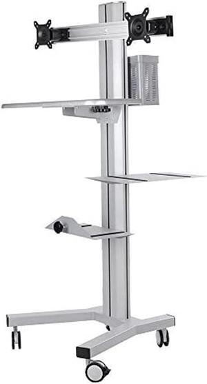 Rolling PC Cart Mobile Computer Standing Workstation Moving Desktop Desk Cart with Adjustable Dual Monitor Mount Keyboard Tray Printer CPU Holder Wheels Silver