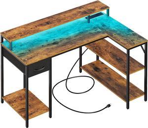 L Shaped Computer Desk with Power Outlets & LED Strips, Reversible Corner Desk with Monitor Stand & Storage Shelf, Home Office Desk Gaming Desk, Rustic Brown