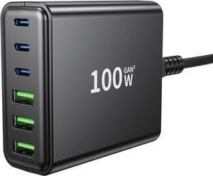 USB C Fast Charger, 100W GaN Compact 6 Port USB C Charging Station, Portable USB C Wall Charger Adapter 3 USB C and 3 QC USB A for All iPad iPhone 14 13 12 11 Pro Max Pixel Note Galaxy