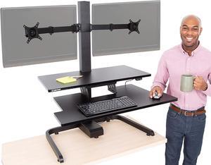 Electric 2 Arm Monitor Mount Standing Desk | Stand Up Desk Converter with Keyboard Tray Supports 2 Screens | Easy & Quiet Sit to Stand with The Push of a Button! (Black)