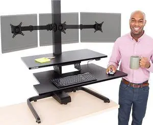 Electric Standing Desk Converter with 3 Monitor Mounts | Ergonomic Stand Up Desk Converter with Keyboard Tray Holds 3 Screens | Easy & Quiet Sit to Stand at Push of a Button