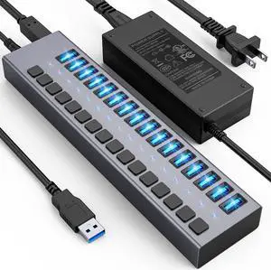Powered USB Hub - 16 Ports 90W USB 3.0 Data Hub, Individual On/Off Switches, 12V/7.5A Power Adapter, 5Gbps High Speed, USB 3.0 Splitter for Laptop, PC, Computer, Mobile HDD, Flash Drive