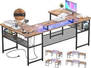 U Shaped Office Desk with Power Outlet and LED Strip, Reversible L Shaped Computer Desk with Monitor Stand & Storage Shelves, U- Shape Gaming Table, 83 Inch 2 Person Corner Desk, Rustic Brown
