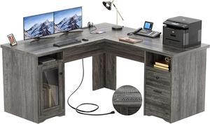 L Shaped Desk with Drawers, 60 Inch Corner Computer Desks with USB Charging Port and Power Outlet, Large L-Shaped Office Table, 2 Person Home Office Desk with File Cabinet, Black Oak