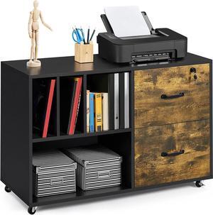 2 Drawer Lateral File Cabinets with 4 Open Storage Shelves for Letter Size A4 Size, Mobile Large Filing Cabinet Printer Stand on Wheels for Home Office Black/Rustic Brown