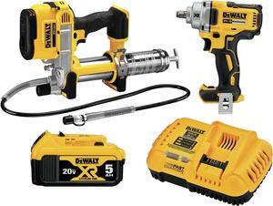 DEWALT 20V MAX* Impact Wrench, Automotive Kit, 1/2-Inch Mid-Range Wrench and Grease Gun, 2-Tool