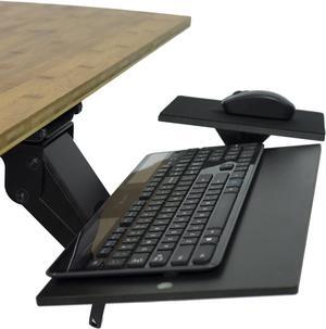 Ergonomic Under-Desk Computer Keyboard Tray adjustable height angle negative tilt sliding pull out platform swivels 360 slides office products furniture desktop accessories with mouse pad black