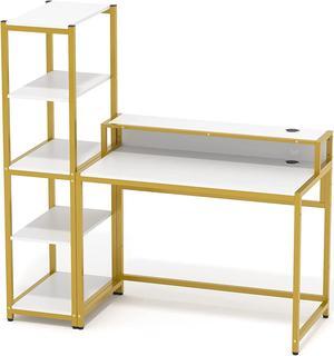 Computer Desk with 5 Tier Shelves,Reversible Writing Desk with Storage 49 Inch Study Table for Home Office Independent Bookcase and Desk for Multiple Scenes (Desk+Shelves, White+Gold Frame)