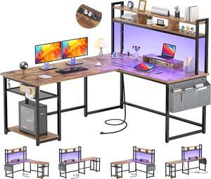 L Shaped Desk with Power Outlet & LED Strip, Reversible L-Shaped Corner Computer Desks Gaming Desk with Storage Shelf & Monitor Stand, Modern Home Office Desk, Writing Desk, Rustic Brown