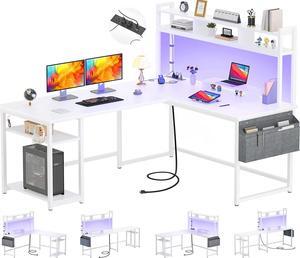 L Shaped Desk with Power Outlet & LED Strip, Reversible L-Shaped Corner Computer Desks Gaming Desk with Storage Shelf & Monitor Stand, Modern 2 Person Home Office Desk, Writing Desk, White