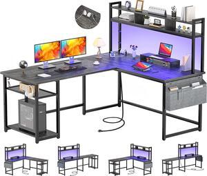 L Shaped Desk with Power Outlet & LED Strip, Reversible L-Shaped Corner Computer Desks Gaming Desk with Storage Shelf & Monitor Stand, Modern 2 Person Home Office Desk Writing Desk, Grey Oak