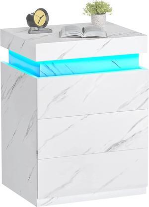 Nightstand with Charging Station and LED Lights,Night Stand with Sliding Top for Bedroom,Bedside Table with Drawers,Modern End Side Table,White Marble