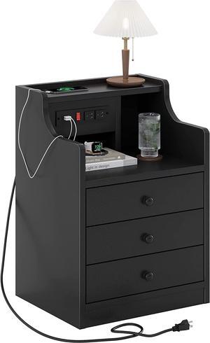 Nightstand with Charging Station,Black Night Stand for Bedroom,End Table with Hutch & Storage Drawers