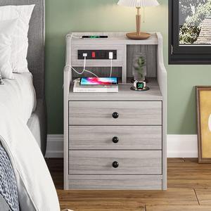 Nightstand with Charging Station, Night Stand with Hutch & Storage Drawers, End Table Side Table Bedroom,Grey