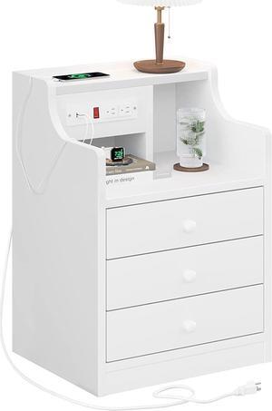 Nightstand with Charging Station, Night Stand with Hutch and Storage Drawers, Bedside Table Sofa End Table, White