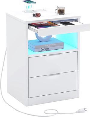 LED Nightstand Black Nightstand with Wireless Charging Station 2 Drawers, Modern Bedroom End Side Table with LED Lights, Wooden Sofa Bedside Table with Pull-Out Shelf White