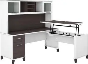 Bush Furniture Somerset 3 Position Sit to Stand L Shaped Desk with Hutch, 72W, White and Storm
