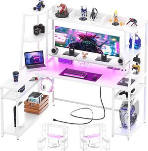 L Shaped Gaming Desk with LED Lights & Power Strips, 63'' Reversible Gaming Table Desk with Hutch, L-Shaped PC Gaming Desk with Storage, L Gamer Desk with Monitor Stand & Hook, White