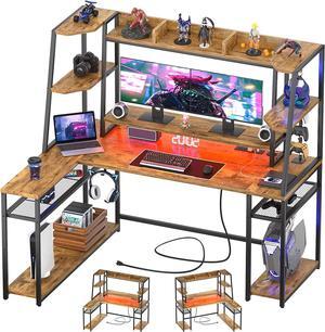 L Shaped Gaming Desk with LED Lights & Power Strips, 63'' Reversible Gaming Table Desk with Hutch, L-Shaped PC Gaming Desk with Storage, L Gamer Desk with Monitor Stand & Hook, Rustic Brown