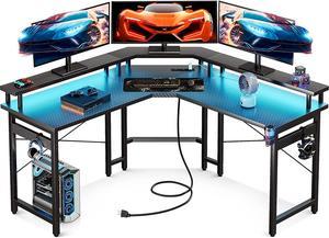 L Shaped Gaming Desk with LED Lights  Power Outlets 508 Computer Desk with Full Monitor Stand Corner Desk with Cup Holder Gaming Table with Hooks Black Cabon Fiber