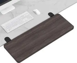 Ergonomics Desk Extender Tray, 29.5"x9.5" Punch-Free Clamp on, Foldable Keyboard Drawer Tray, Table Mount Arm Wrist Rest Shelf, Computer Elbow Arm Support Walnut