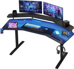 Gaming Desk with LED Lights, 63" Wing-Shaped Computer Desk with RGB Mouse Pad, Power Outlets, Monitor Stand, Headphone Hook, Cup Holder, Ergonomic Studio Desk, Gaming Table, Black