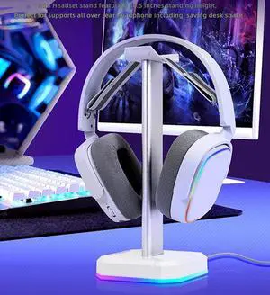 Headphone Stand with Single Rolling RGB Light for Desk PC Gaming Headset,Aluminum Alloy Connecting Rod and Non-Slip Rubber Pad, Suitable for All Over -Ear Headphone - White
