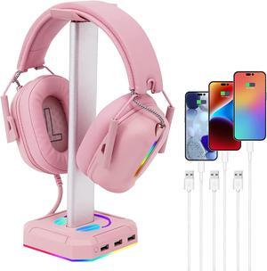 Headphone Stand RGB Lights Gaming Headset Holder with 3 USB Port for Charging or Connecting Headset Keyboard and Mouse,9 Modes Can be Toggles and Off,Aluminium Connecting Rod. Pink